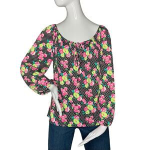 Betsey Johnson Blouse Size M Polka Dot Floral Print Long Sleeve